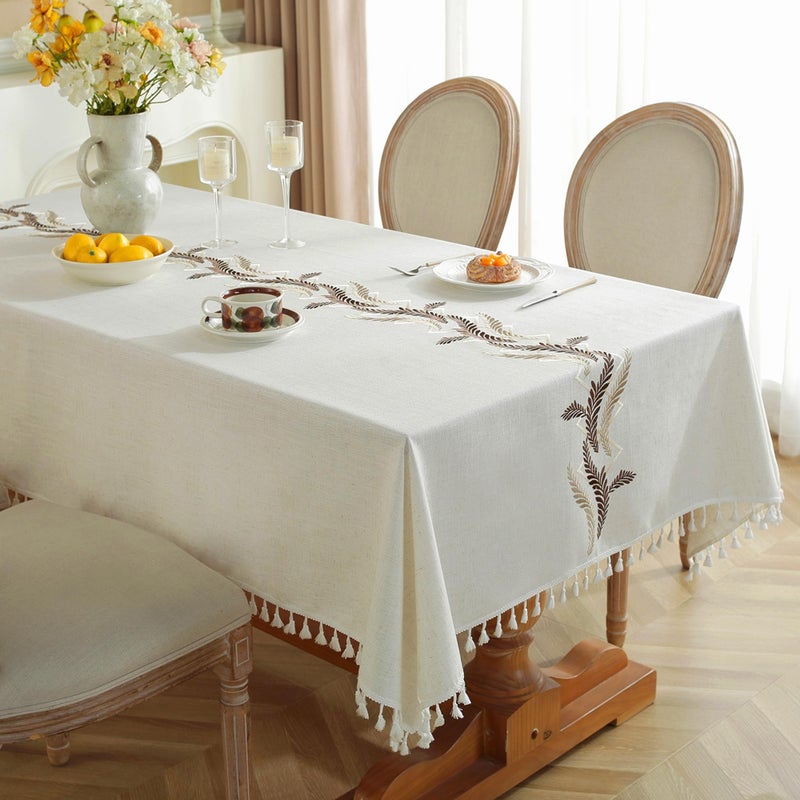 Jia le JIALE Tablecloths for Rectangle Tables, Cotton Linen Table Cloth Waterproof Tablecloth Wrinkle Free Farmhouse Dining Tables Cover, Soft Fabric Table Cloths with Tassels, Beige, 55" X 70", 4-6 Seats - Image 1