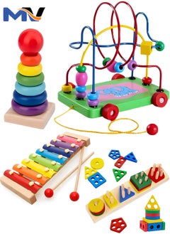 MAGIC VAULT 4 IN 1 WOODEN Early Education Baby Toys, (Sorting & Stacking Toys + Piano Xylophone + Bead Maze Roller Coaster + Color Balls Sorting) Toddlers Montessori Wooden Toys for Boys Girls  - Image 1