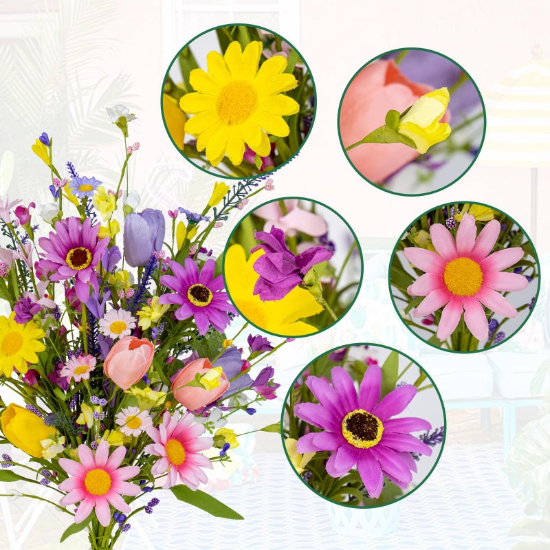 Yawwind 12 PCs Artificial Spring Flowers 17 Inches Pastoral Easter Flowers Colorful Spring Florals Stems with Wildflowers Tulips for Vase Table Centerpiece Indoors Decoration - Image 2