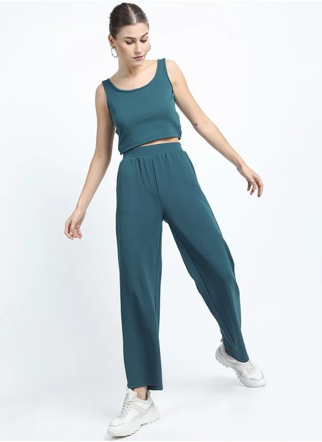 Tokyo Talkies Solid Round Neck Sleeveless Crop Top with High Rise Trousers Co-Ords