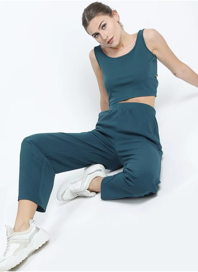 Tokyo Talkies Solid Round Neck Sleeveless Crop Top with High Rise Trousers Co-Ords