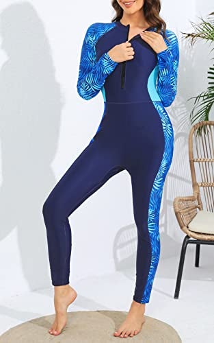 ALLTOKE Womens Full Body Rash Guard with Built in Bra Long Sleeve One Piece Swimsuit Upf50 Zip Front Bathing Suit Blue Leaf XS - Image 3