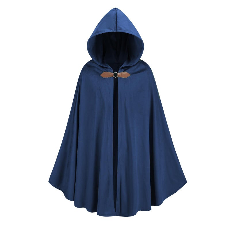 TOONRAIN Men's Adult Medieval Cloak Hoodie Velvet Renaissance Cape Halloween Dress Up (Round Buckle Blue,39.37'') - Image 2