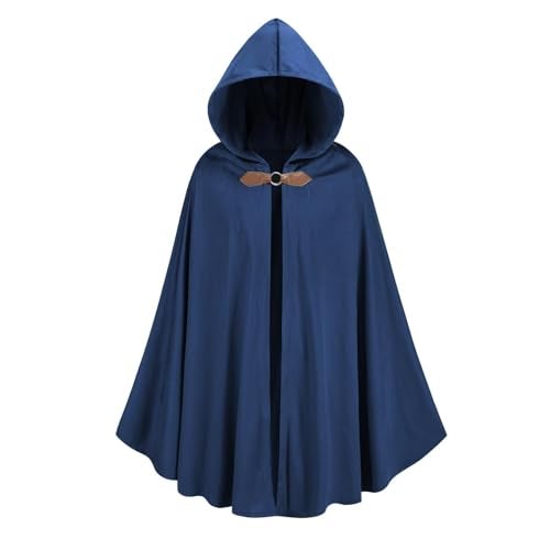 TOONRAIN Men's Adult Medieval Cloak Hoodie Velvet Renaissance Cape Halloween Dress Up (Round Buckle Blue,39.37'') - Image 1