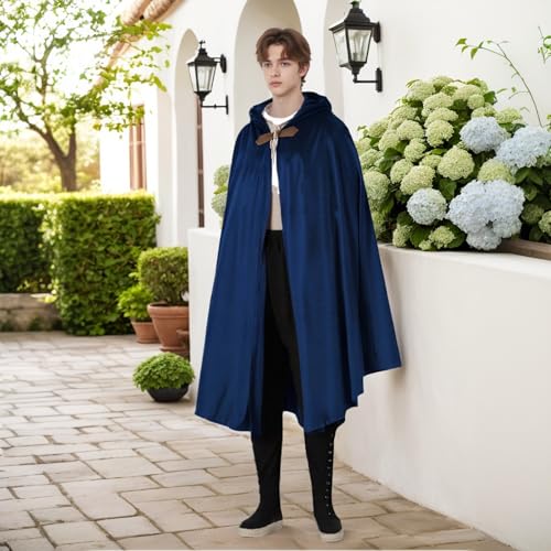 TOONRAIN Men's Adult Medieval Cloak Hoodie Velvet Renaissance Cape Halloween Dress Up (Round Buckle Blue,39.37'') - Image 4