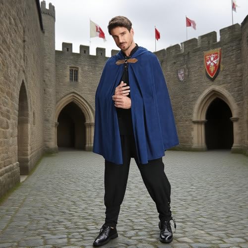 TOONRAIN Men's Adult Medieval Cloak Hoodie Velvet Renaissance Cape Halloween Dress Up (Round Buckle Blue,39.37'') - Image 3