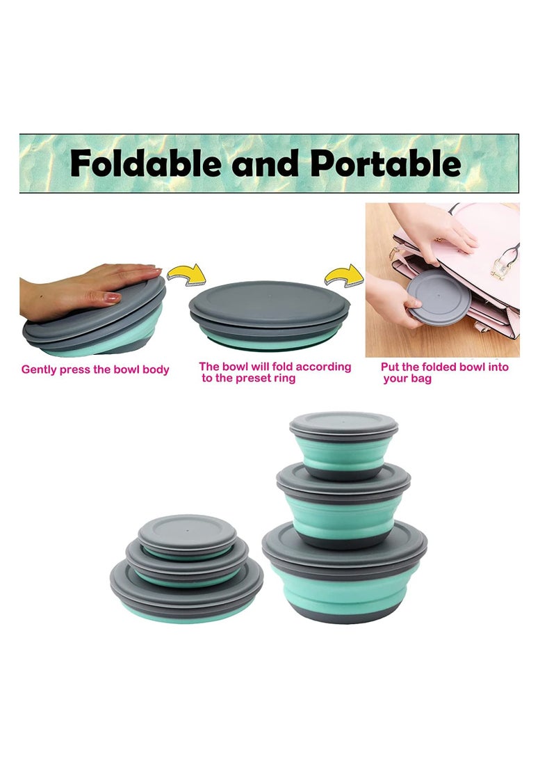 Y&D Collapsible Lunch Box, SYOSI 3pcs Food Grade Silicone Expandable Storage Container Set, Salad Bowl with Portable Lid (Green) - Image 3
