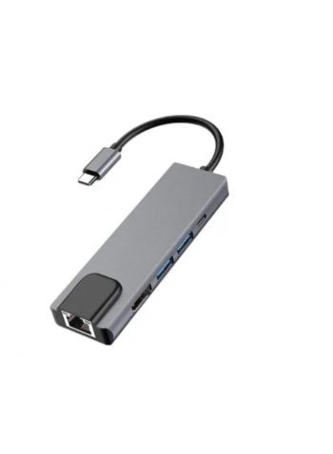 Type C To Ethernet, HDMI , USB Convertor 5 in 1 Adapter - Grey/Black - Image 2