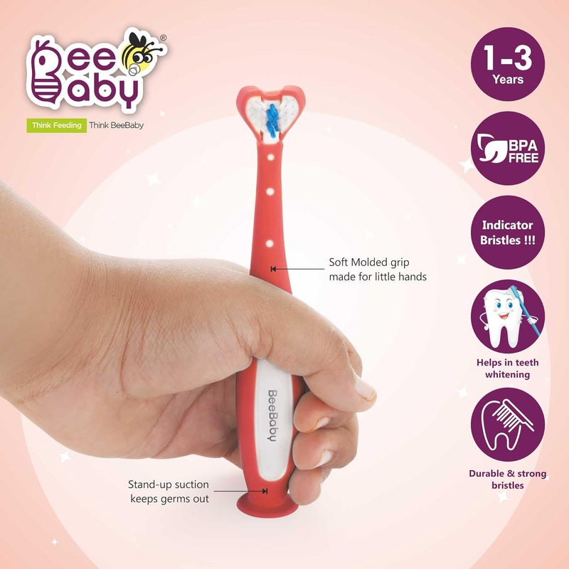 Beebaby فرشاة الأسنان ثلاثية الزاوية للأطفال من 3-6 سنوات. كوب شفط، 3 جوانب فائقة النعومة، مؤشر وقت التغيير للشعيرات مثالي للأسنان اللبنية والدائمة. خالية من BPA بنسبة 100%. وردي - Image 3