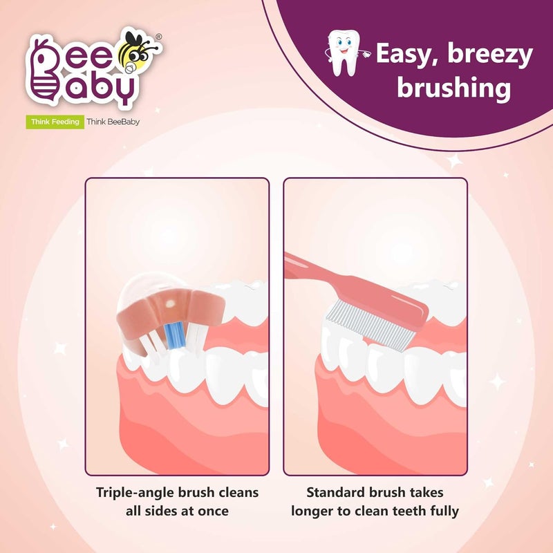 Beebaby فرشاة الأسنان ثلاثية الزاوية للأطفال من 3-6 سنوات. كوب شفط، 3 جوانب فائقة النعومة، مؤشر وقت التغيير للشعيرات مثالي للأسنان اللبنية والدائمة. خالية من BPA بنسبة 100%. وردي - Image 5