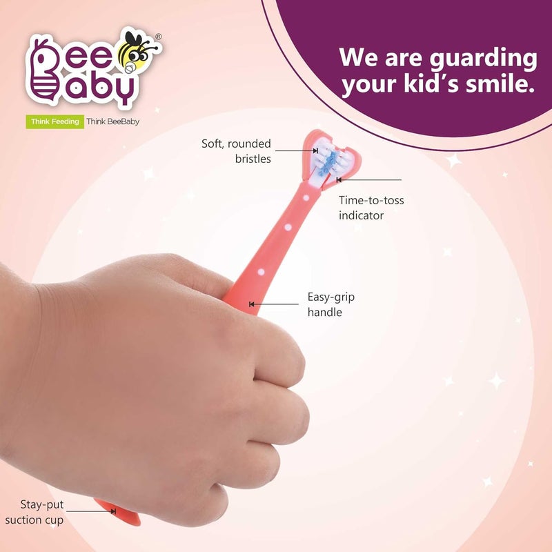 Beebaby فرشاة الأسنان ثلاثية الزاوية للأطفال من 3-6 سنوات. كوب شفط، 3 جوانب فائقة النعومة، مؤشر وقت التغيير للشعيرات مثالي للأسنان اللبنية والدائمة. خالية من BPA بنسبة 100%. وردي - Image 4