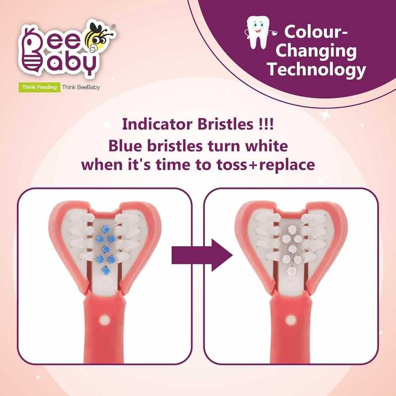 Beebaby فرشاة الأسنان ثلاثية الزاوية للأطفال من 3-6 سنوات. كوب شفط، 3 جوانب فائقة النعومة، مؤشر وقت التغيير للشعيرات مثالي للأسنان اللبنية والدائمة. خالية من BPA بنسبة 100%. وردي - Image 2