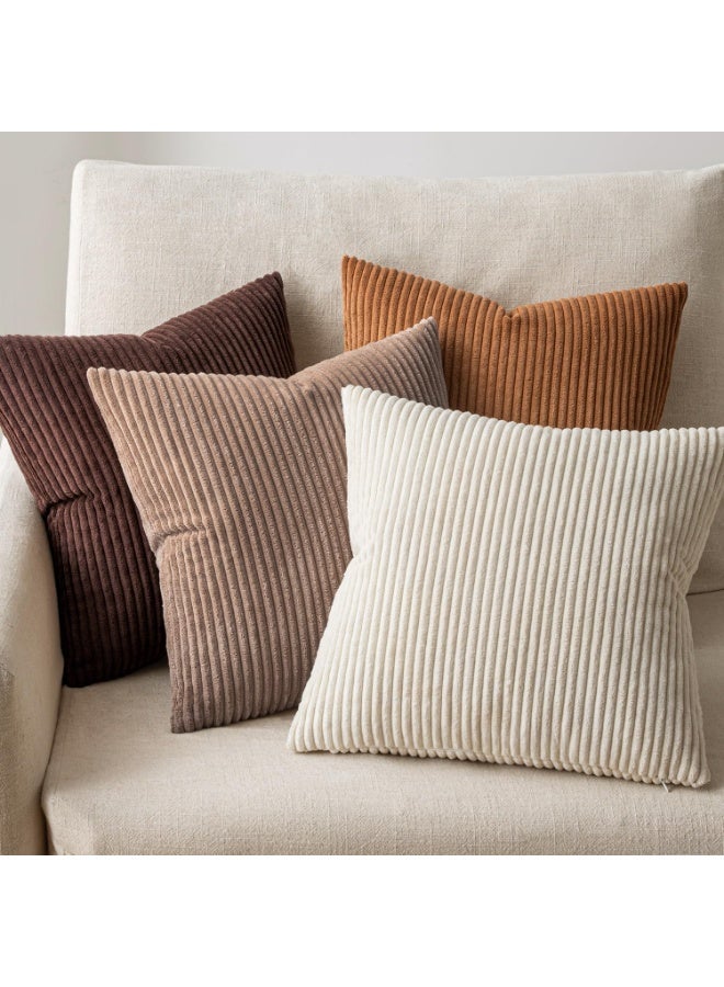 مجموعة أربع قطع أغطية وسائد مربعة من الكوردروي المخطط باللون البني، مقاس 18×18 بوصة / 45×45 سم، تصميم بوهو وريفي وغربي عصري، ديكور منزلي للكنبة والسرير وغرفة المعيشة - Image 3