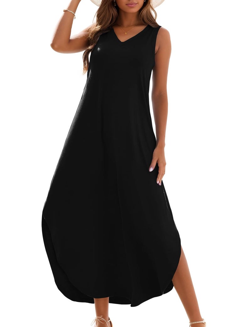 Zilcremo Women's Summer Casual Loose Sundress Long Dress Sleeveless V Neck Split Tshirt Maxi Dresses Black S - Image 1
