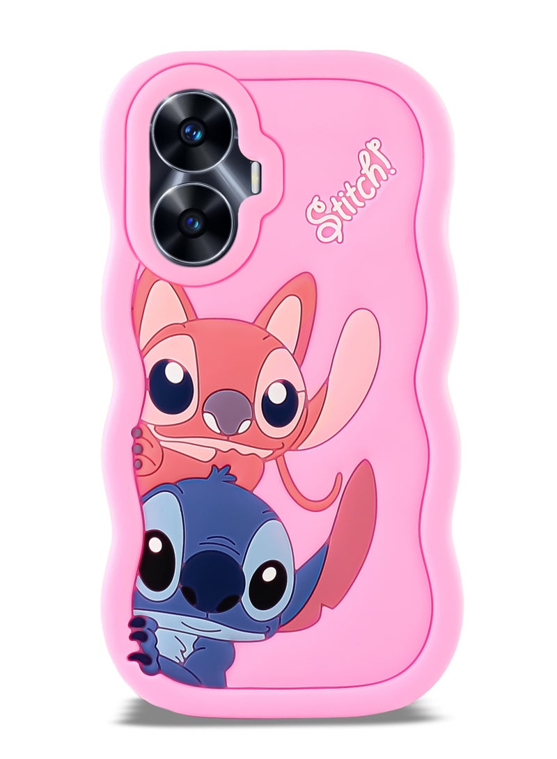 حافظة هاتف من السيليكون الناعم المتموج ثلاثية الأبعاد من Lilo and Stitch لهاتف Realme C55 (وردي)