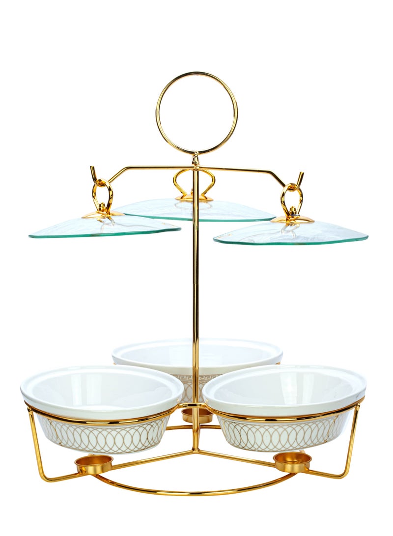 Shallow Triple 9 Inch Oval Porcelain Casserole with Golden Metal Warmer Rack and Lid 43x40x49cm - Image 1