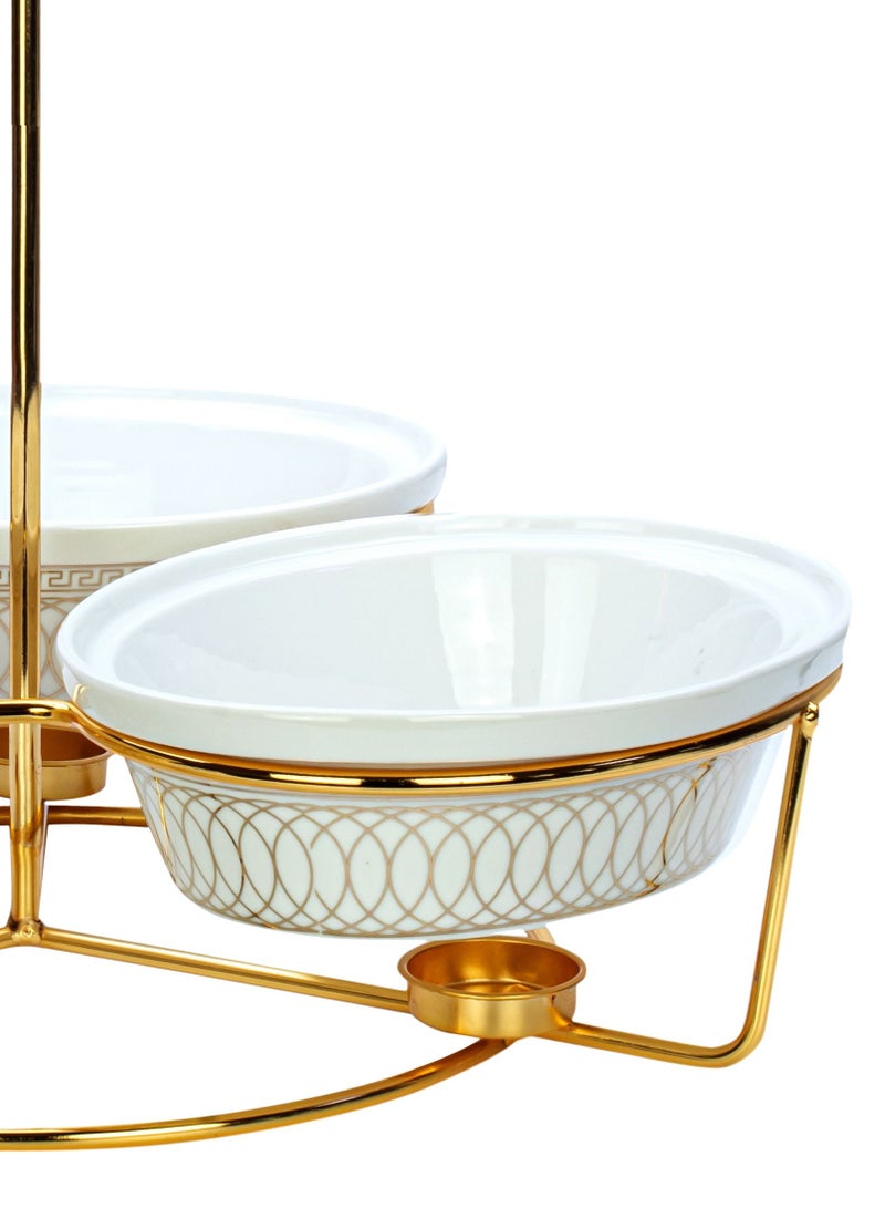 Shallow Triple 9 Inch Oval Porcelain Casserole with Golden Metal Warmer Rack and Lid 43x40x49cm - Image 2