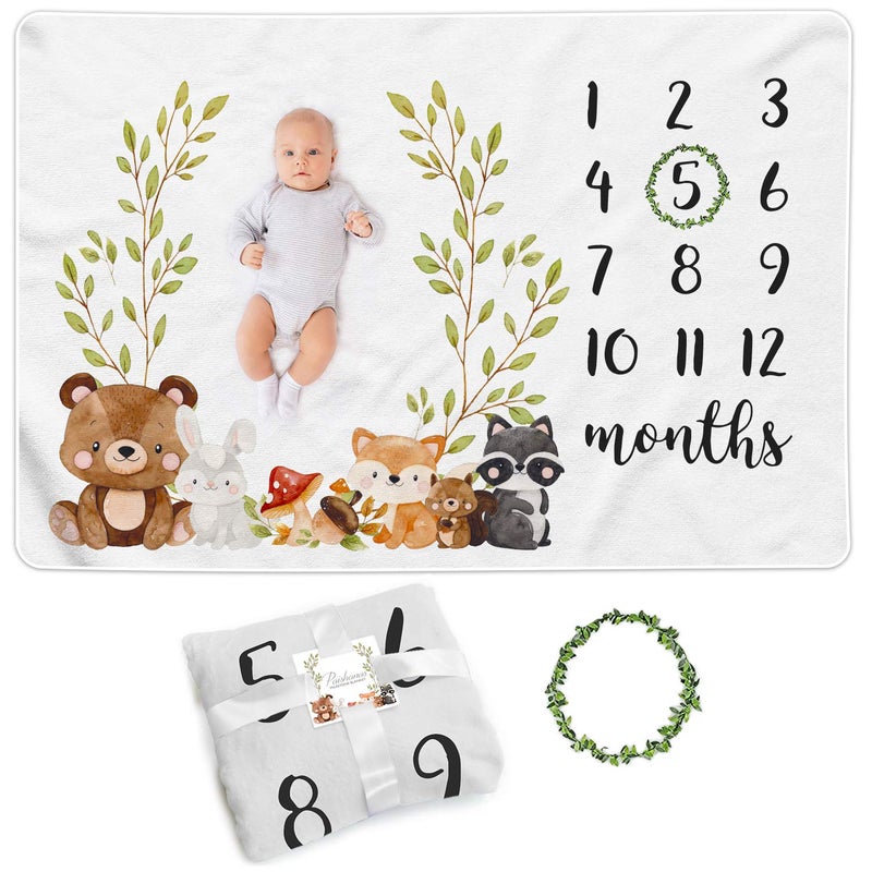 Paishanas Baby Monthly Milestone Blanket Woodland Boy Girl Gender Neutral Gift for Baby Shower Photo Blanket for Newborn Picture Wreath Included Soft Flannel Blanket - Image 1