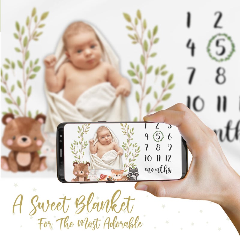 Paishanas Baby Monthly Milestone Blanket Woodland Boy Girl Gender Neutral Gift for Baby Shower Photo Blanket for Newborn Picture Wreath Included Soft Flannel Blanket - Image 5