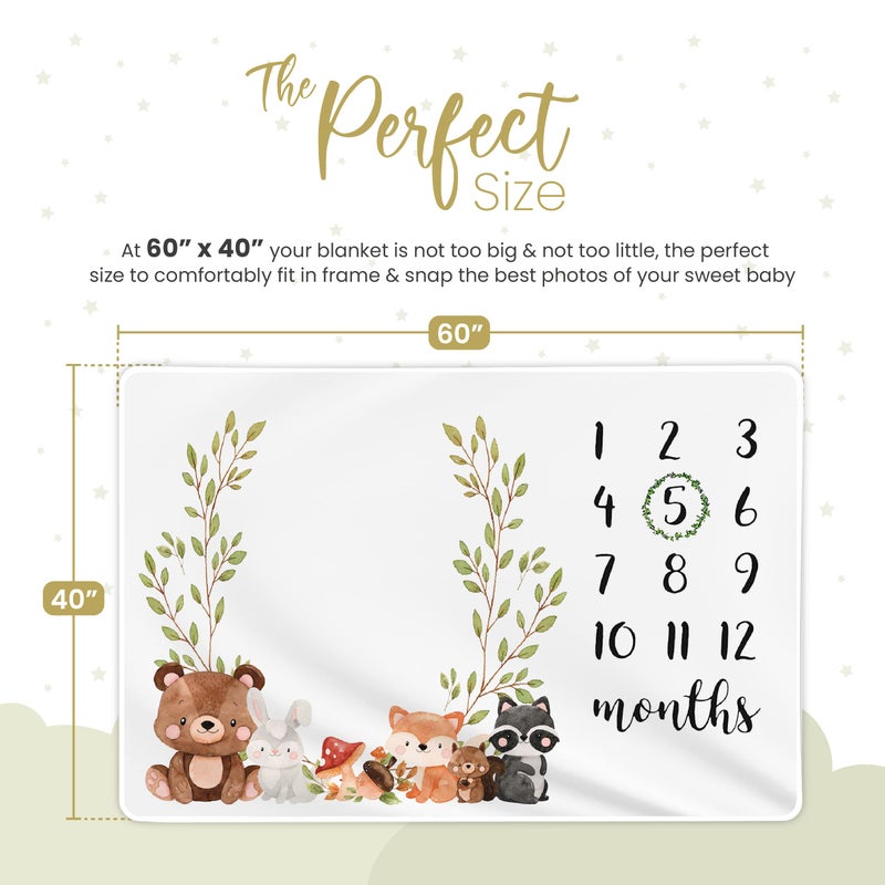 Paishanas Baby Monthly Milestone Blanket Woodland Boy Girl Gender Neutral Gift for Baby Shower Photo Blanket for Newborn Picture Wreath Included Soft Flannel Blanket - Image 3
