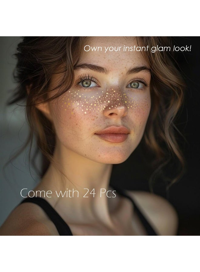 قوس قزح أورينبو تاتو وجه جليتر فريكلز - 24 قطعة من الرقع الذهبية اللامعة المؤقتة المقاومة للماء للنساء، مكياج متوهج (ذهبي) - Image 2