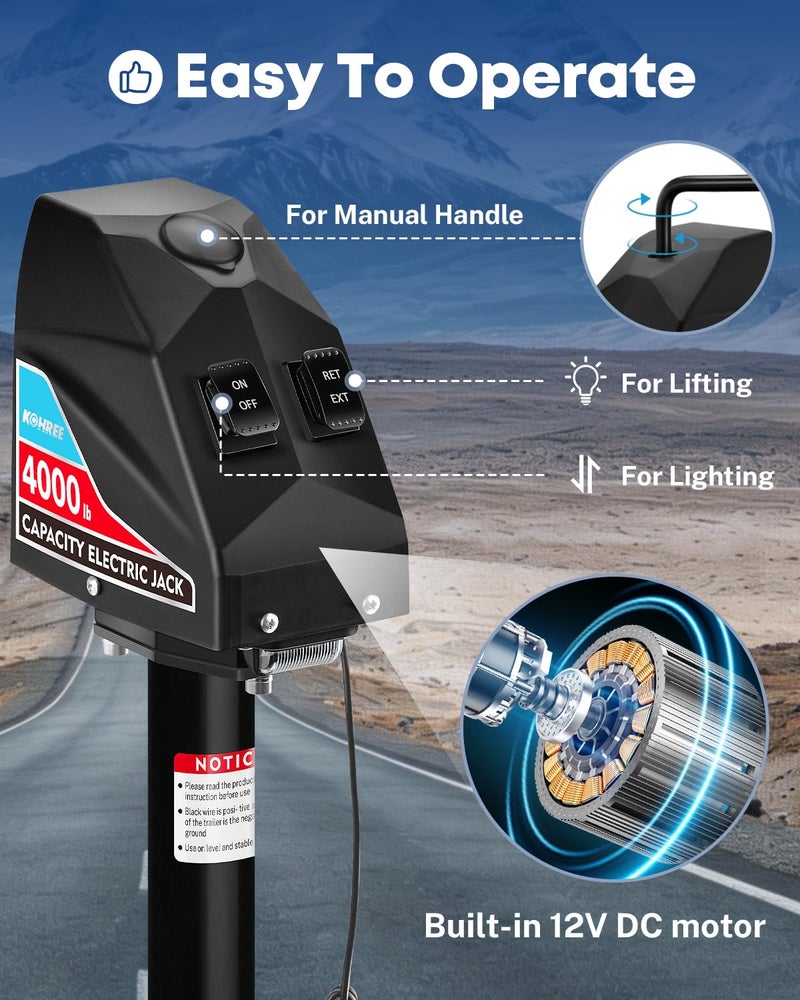 Kohree Electric Trailer Jack 4000lbs, Heavy Duty RV Electric Power Tongue Jack for Travel Trailer A-Frame Camper, with Manual Crank Handle & Weatherproof Cover, 22" Lift, 12V DC with Wiring - Image 2