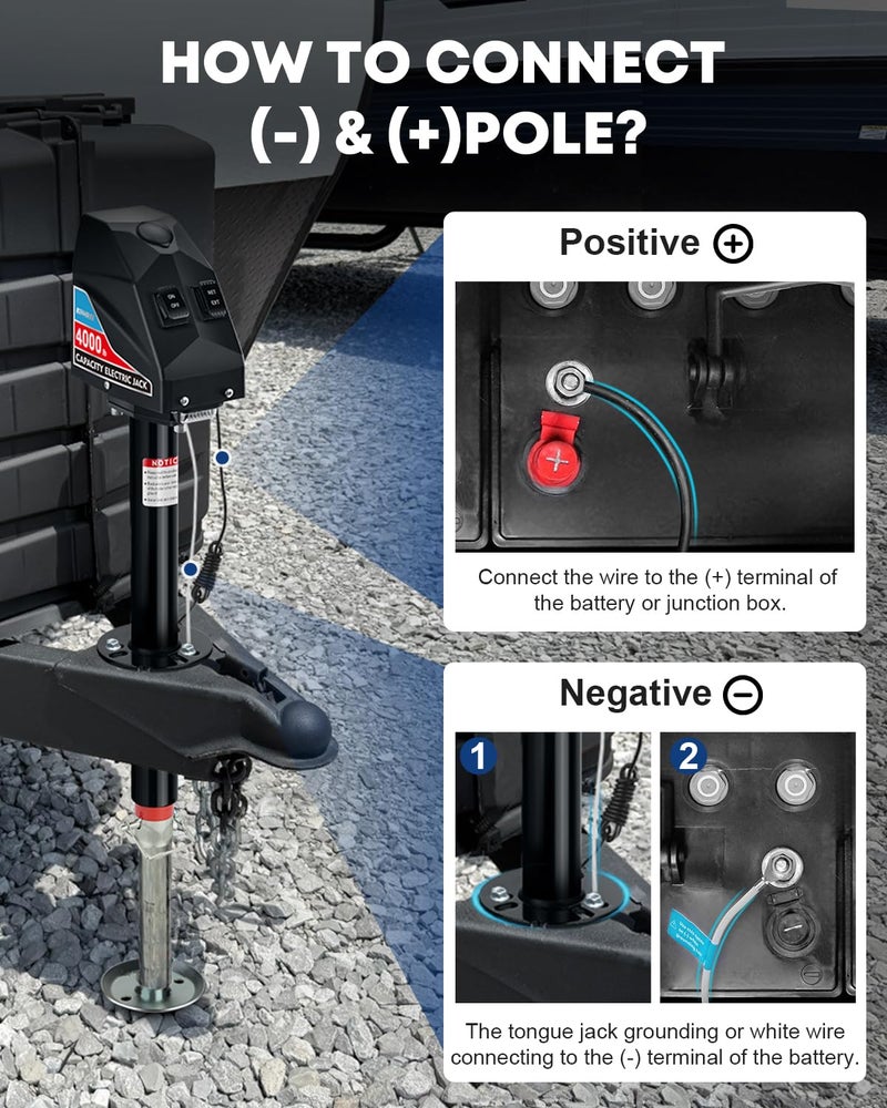 Kohree Electric Trailer Jack 4000lbs, Heavy Duty RV Electric Power Tongue Jack for Travel Trailer A-Frame Camper, with Manual Crank Handle & Weatherproof Cover, 22" Lift, 12V DC with Wiring - Image 5