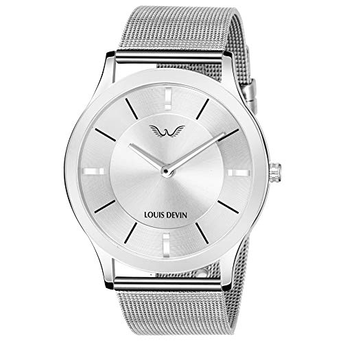 LOUIS DEVIN Stainless Steel Ld-Slm023-Slv-Ch Mesh-Steel Chain Slim Analogue Wrist Watch For Men, Silver Dial, Silver Band - Image 1