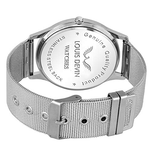LOUIS DEVIN Stainless Steel Ld-Slm023-Slv-Ch Mesh-Steel Chain Slim Analogue Wrist Watch For Men, Silver Dial, Silver Band - Image 3