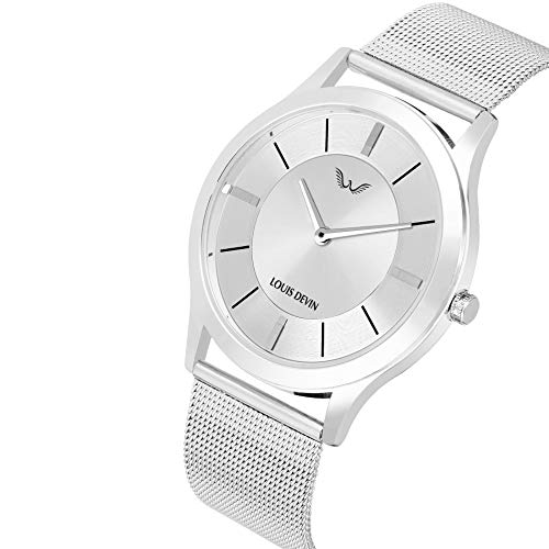 LOUIS DEVIN Stainless Steel Ld-Slm023-Slv-Ch Mesh-Steel Chain Slim Analogue Wrist Watch For Men, Silver Dial, Silver Band - Image 2