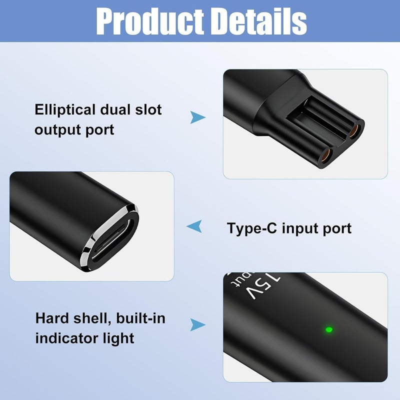 15V Type-C Shaver Charger Adapter, Compatible with Philips HQ8505 HQ8894 HQ8170, Series 9000 8000 7000 5000 3000 2000, OneBlade QP6520 QP6510, RQ11/RQ12 Series USB-C Charging Converter - Image 3