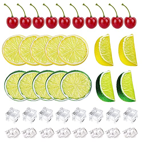 Yuronam 40 Pcs Fake Crushed Ice and Square Ice Rocks10 Pcs Artificial Fruit Lemon Slices 4 Pcs Simulation Lemon Blocks and 10 Pcs Lifelike Cherries for Home Kitchen Decoration Photography Prop