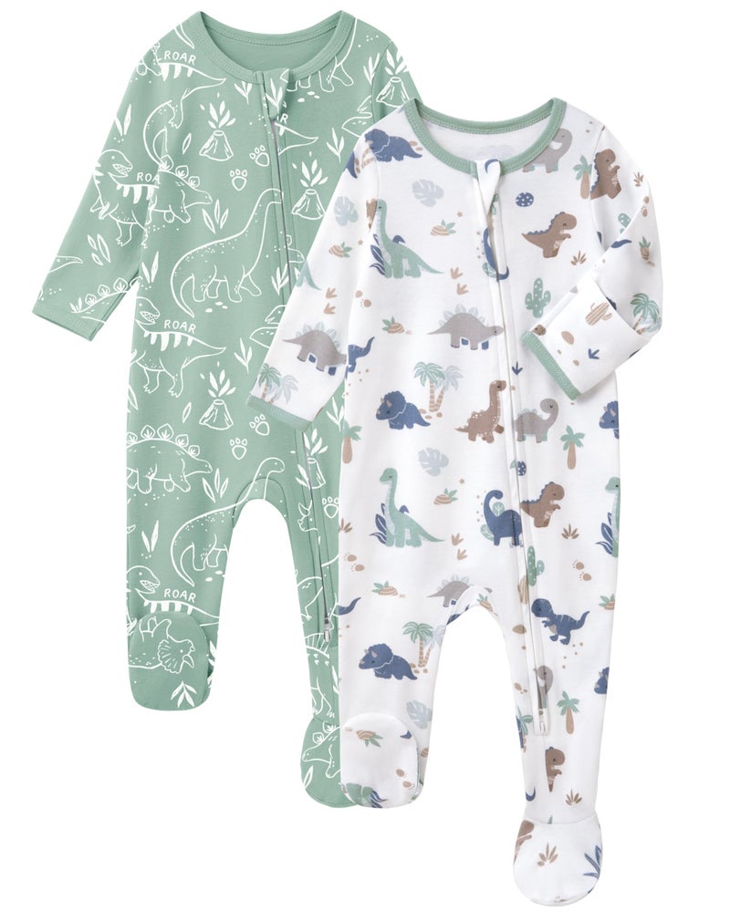 FIEMOL Baby Boy Sleepers 100% Cotton Footie Pajamas, Newborn 0-3 3-6 6-9 Months with 2-Way Zipper & Mitten Cuffs, Ultra Soft 2 Pack Footed PJs Baby Boy Clothes - Image 1