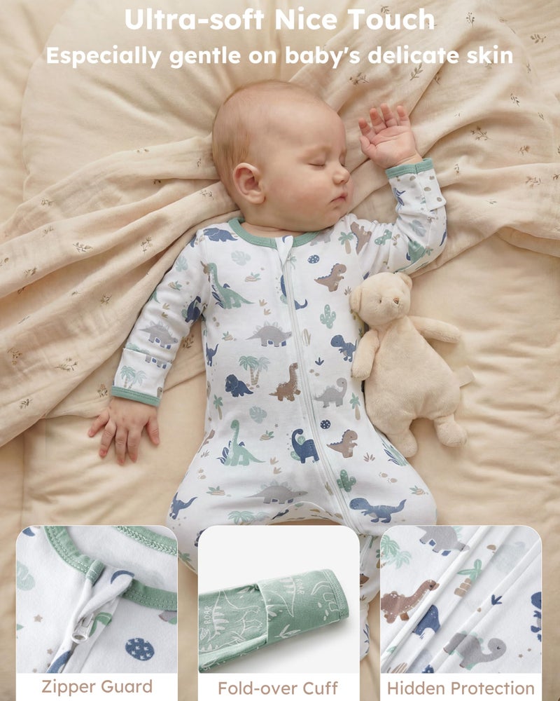 FIEMOL Baby Boy Sleepers 100% Cotton Footie Pajamas, Newborn 0-3 3-6 6-9 Months with 2-Way Zipper & Mitten Cuffs, Ultra Soft 2 Pack Footed PJs Baby Boy Clothes - Image 4