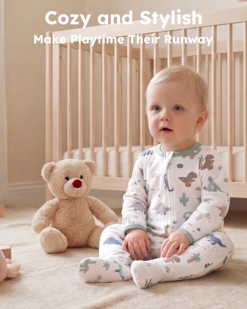 FIEMOL Baby Boy Sleepers 100% Cotton Footie Pajamas, Newborn 0-3 3-6 6-9 Months with 2-Way Zipper & Mitten Cuffs, Ultra Soft 2 Pack Footed PJs Baby Boy Clothes - Image 2