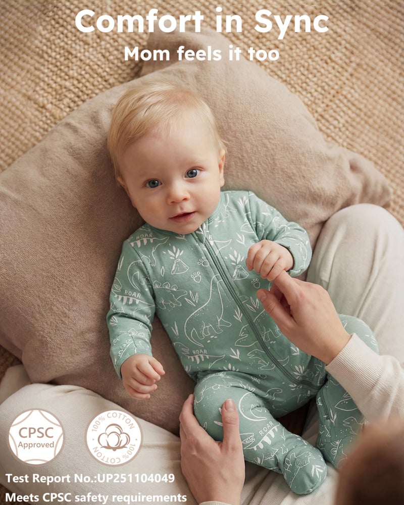 FIEMOL Baby Boy Sleepers 100% Cotton Footie Pajamas, Newborn 0-3 3-6 6-9 Months with 2-Way Zipper & Mitten Cuffs, Ultra Soft 2 Pack Footed PJs Baby Boy Clothes - Image 5