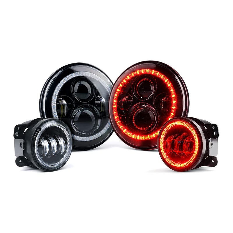 Xprite 7 90W LED Headlights 4 inch 60W Fog Lights Combo wRed Halo Compatible with 20072018 Jeep Wrangler JK DOT Approved