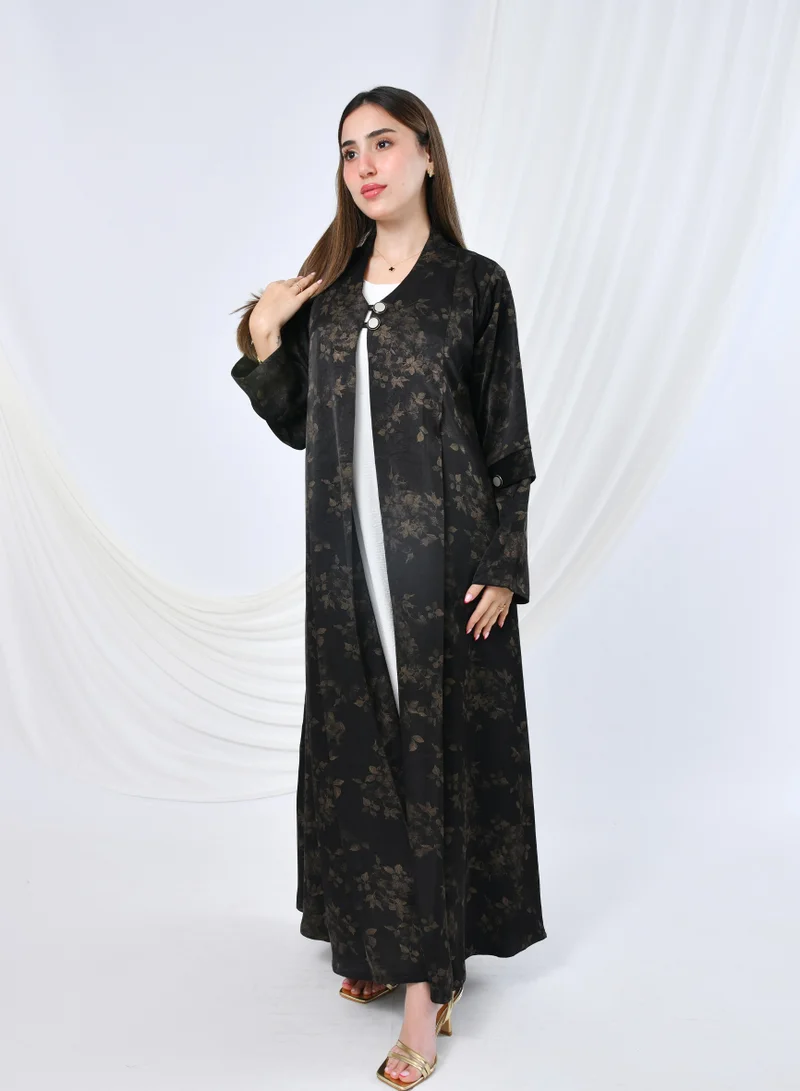 عبايات حوراء عباية بتصميم أنيق من قماش الحرير بنقشة ورود بلون البني مزودة بأزرار ولمسة لامعة راقية