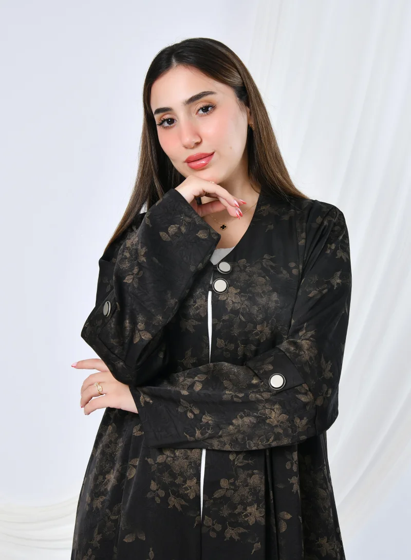 عبايات حوراء عباية بتصميم أنيق من قماش الحرير بنقشة ورود بلون البني مزودة بأزرار ولمسة لامعة راقية