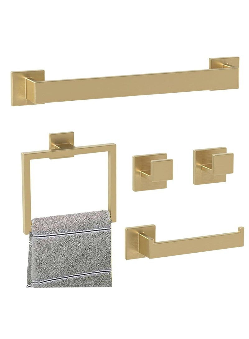 Bathroom Accessory Towel Bar Set: 5 Pieces Gold Bathroom Hardware Square SUS304 Stainless Steel - Wall Mounted Towel Rack&Toilet Paper Holder&Towel Ring and Towel Hook