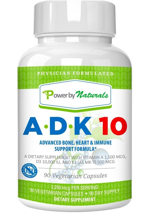 Power By Naturals - Adk 10 Vitamin A Vitamin D3 10000 Iu With Vitamin K2 Mk7 Supplement Potent Vitamina K2 D3 Plus A For Bone Heart And Immune Health 90 Pills (3Month Supply) For Men & Women - Image 1