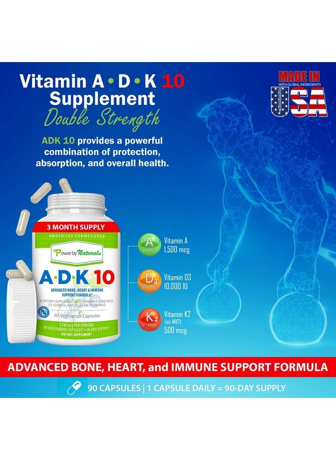 Power By Naturals - Adk 10 Vitamin A Vitamin D3 10000 Iu With Vitamin K2 Mk7 Supplement Potent Vitamina K2 D3 Plus A For Bone Heart And Immune Health 90 Pills (3Month Supply) For Men & Women - Image 1