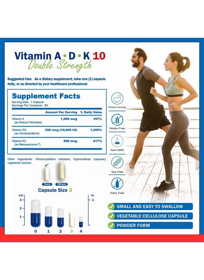 Power By Naturals - Adk 10 Vitamin A Vitamin D3 10000 Iu With Vitamin K2 Mk7 Supplement Potent Vitamina K2 D3 Plus A For Bone Heart And Immune Health 90 Pills (3Month Supply) For Men & Women - Image 1