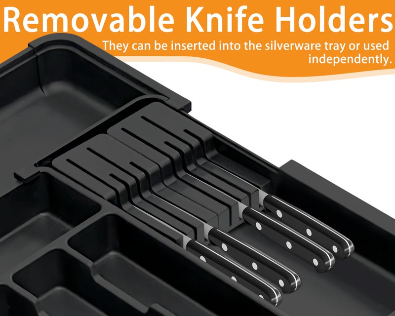 Homecor Silverware Organizer - Expandable Large Kitchen Drawer Organizer Utensil Organizer with 2 Removable Knife Blocks, 22"x 19"Cutlery Tray Drawer Dividers for Kitchen Flatware(6-9 Slots) (Black) - Image 4