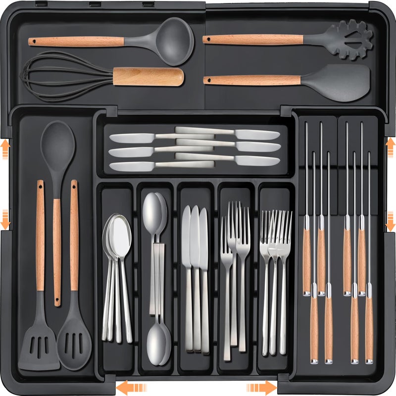 Homecor Silverware Organizer - Expandable Large Kitchen Drawer Organizer Utensil Organizer with 2 Removable Knife Blocks, 22"x 19"Cutlery Tray Drawer Dividers for Kitchen Flatware(6-9 Slots) (Black) - Image 1