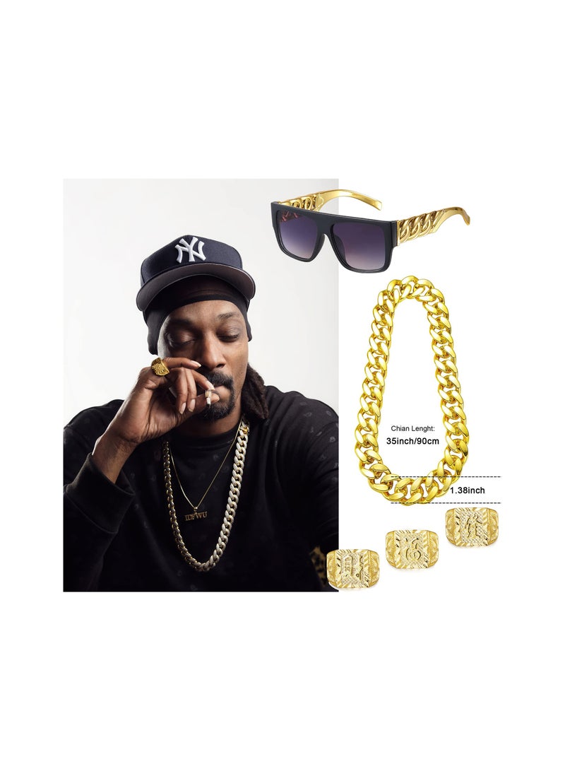 80s 90s Hip Hop Costume Kit for Men - Rapper Sunglasses, Gold Rope Chain, Bracelet, Dollar Sign Chain, Kanji Ring - Halloween Party Decorations