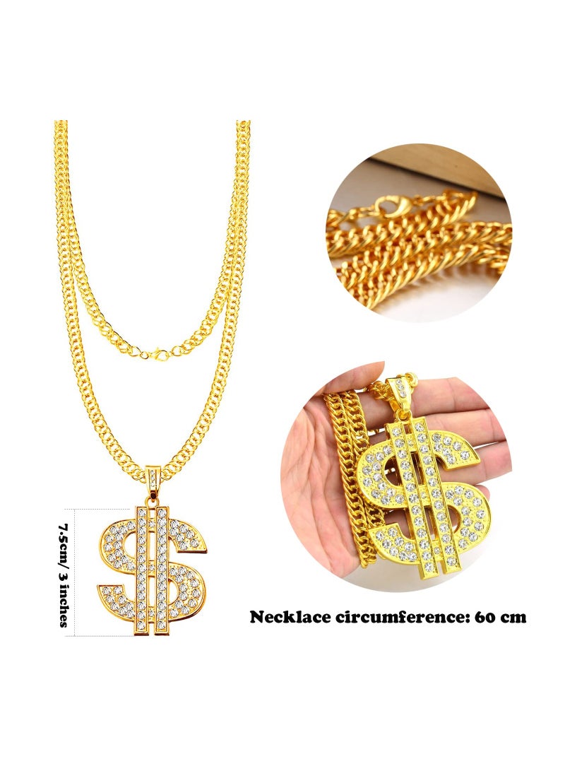 80s 90s Hip Hop Costume Kit for Men - Rapper Sunglasses, Gold Rope Chain, Bracelet, Dollar Sign Chain, Kanji Ring - Halloween Party Decorations