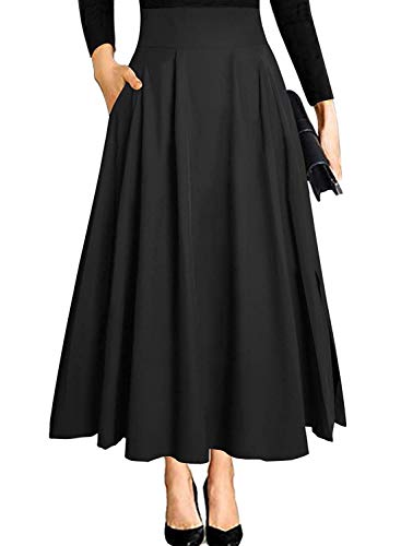 RANPHEE Skirts for Women 2025 Black Aline Maxi Flared Dressy Casual Summer Formal High Waisted Pleated Long Skirt with Pockets Faldas L - Image 1