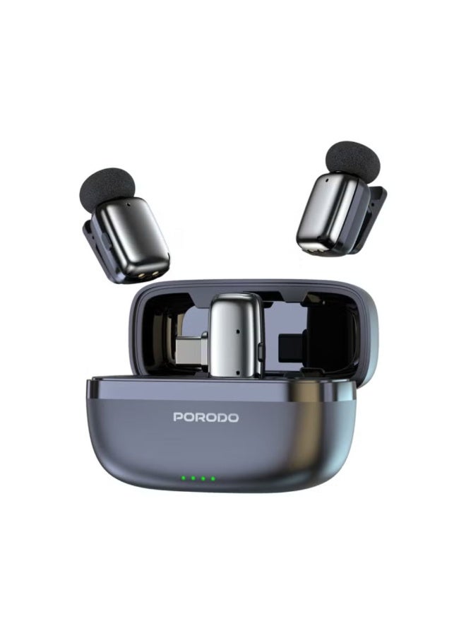 porodo Double Wireless Lavalier Microphones with Type-C Connector and Noise Reduction / Plug & Play / 25H Working Time / Low-Latency - Black - Image 1