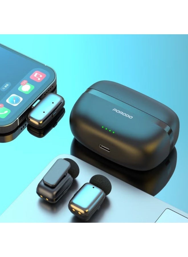 porodo Double Wireless Lavalier Microphones with Type-C Connector and Noise Reduction / Plug & Play / 25H Working Time / Low-Latency - Black - Image 2